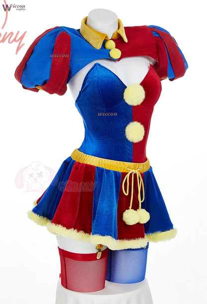 Clown Circus Cosplay Costume – Original Design Adult Set (Pomnii Wig, Hat, Velvet Skirt, Carnival/Christmas Outfit)