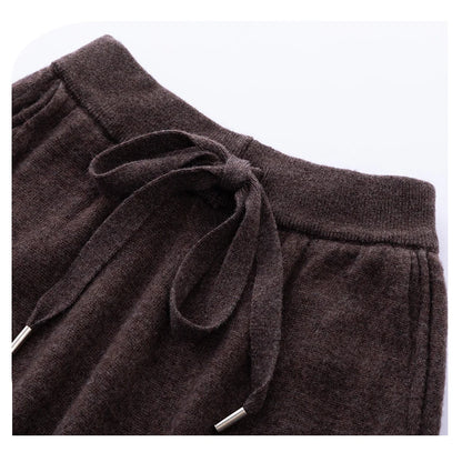 Pantalones de cachemir 100 % pura lana para mujer, de punto, sueltos, de cintura alta, con puños, para otoño e invierno, de corte recto y ajustado