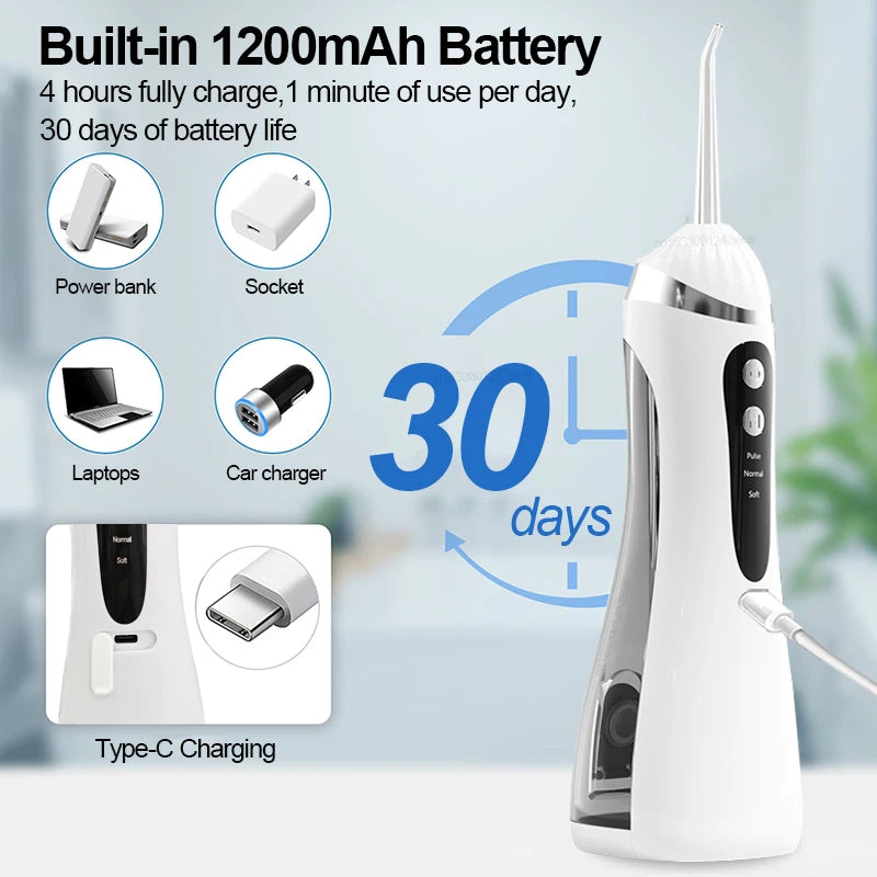 Irrigador bucal portátil USB recargable – Irrigador bucal impermeable IP65 con 3 modos de limpieza y 4 boquillas