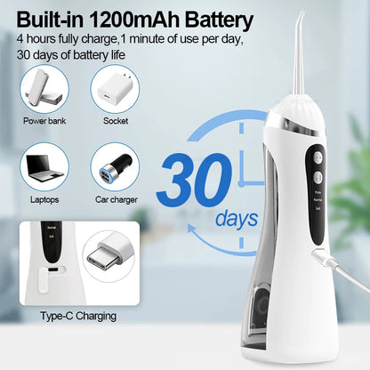 Irrigador bucal portátil USB recargable – Irrigador bucal impermeable IP65 con 3 modos de limpieza y 4 boquillas