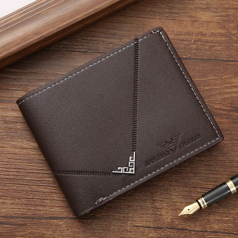 Men's Lychee Texture Leather Wallet Short Card Holder with Coin Pocket & Cash Compartment