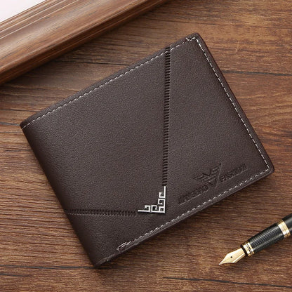 Men's Lychee Texture Leather Wallet Short Card Holder with Coin Pocket & Cash Compartment