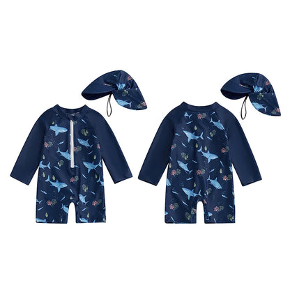 Kids Shark Print Rash Guard Swimwear Set – Long Sleeve Half Zip-Up Bathing Suit with Sun Hat, 2-Piece Toddler Boys’ Swimsuit for 0-5 Years, UV Protective Beachwear for Pool, Swimming & Summer Activities