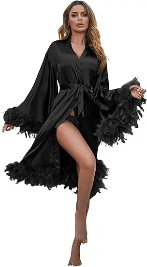 Women’s Satin Robe – Feather Trim Long Sleeve Solid Color Sleepwear Casual Loungewear Bathrobe