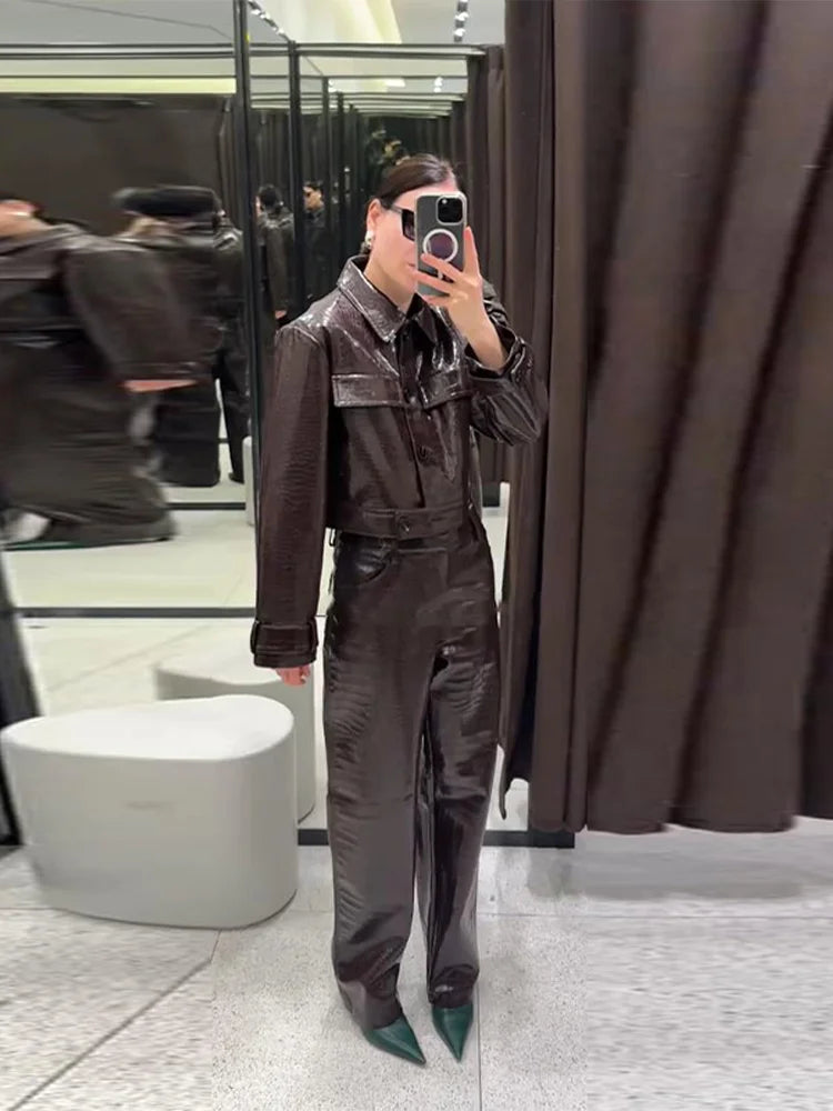 Women’s Y2K Punk Embossed Leather 2-Piece Set 2025 – Cropped Lapel Jacket & Matching High-Waist Pants, Chic Streetwear Outfit