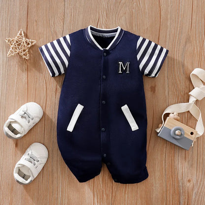 0-18M Baby Short Sleeve Jumpsuit – Soft & Comfortable Embroidered Letter Romper for Boys & Girls, Casual Summer Newborn Outfit