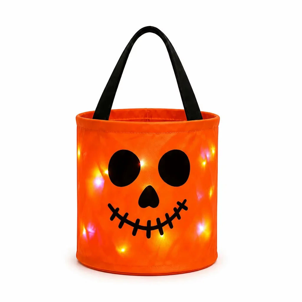Halloween LED Pumpkin Candy Bucket, Luminous Handheld Fabric Trick or Treat Bag, Light Up Candy Basket for Kids, Halloween Party Decorations and Holiday Gifts