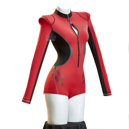 Asuka Langley Soryu Cosplay Costume – Women’s Hooded Jumpsuit with Cat Ears (Long Sleeve Bodysuit Sportswear Party Uniform Outfit)