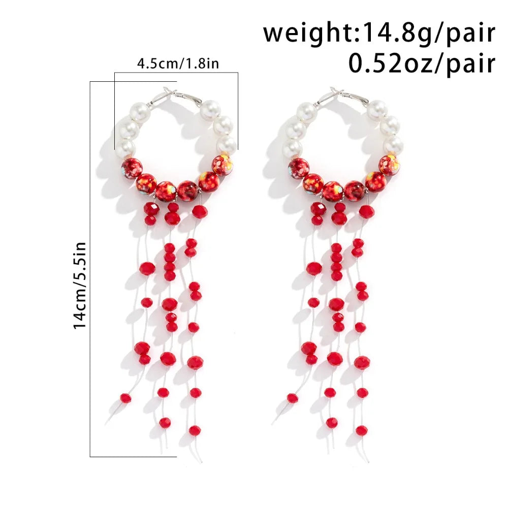 Gothic Red Crystal Pearl Tassel Earrings – Long Blood Drop Dangle Earrings for Women, Beaded Statement Jewelry for Halloween & Parties