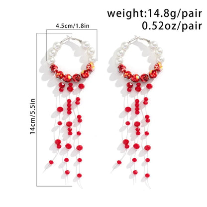 Gothic Red Crystal Pearl Tassel Earrings – Long Blood Drop Dangle Earrings for Women, Beaded Statement Jewelry for Halloween & Parties