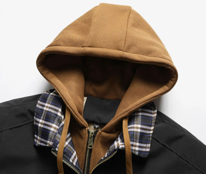 Men’s Color-Block Hooded Jacket – Loose-Fit Faux Two-Piece Coat, Trendy Casual Outerwear for Spring, Autumn & Winter