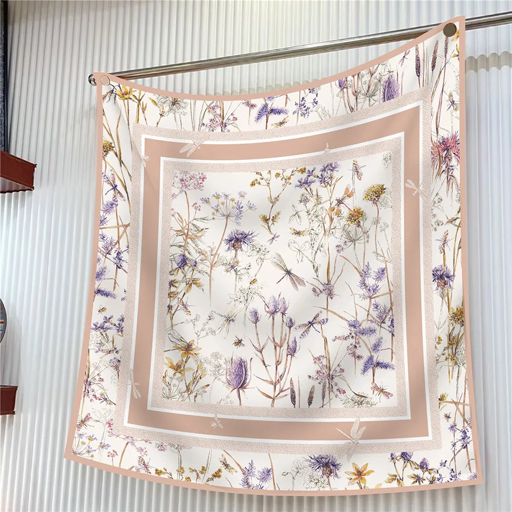 Foulard carré en soie 90 cm pour femme, motif floral, sergé de luxe, bandana, châle, hijab, cache-col, écharpe de tête