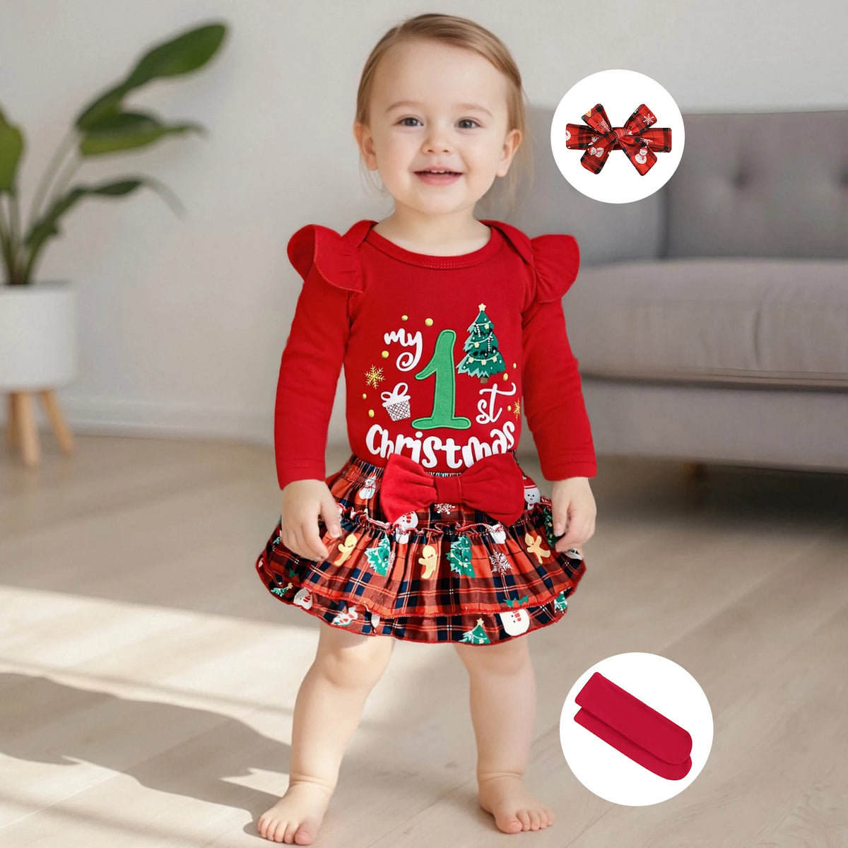 My First Christmas Baby Girl Outfit – Newborn Xmas Romper with Ruffle Tutu Skirt & Headband, Cute Holiday Dress