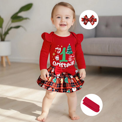 My First Christmas Baby Girl Outfit – Newborn Xmas Romper with Ruffle Tutu Skirt & Headband, Cute Holiday Dress