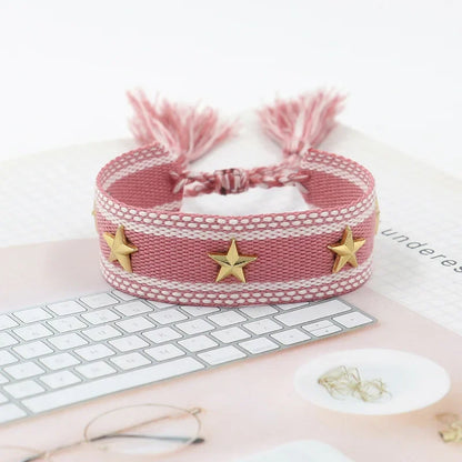 Bohemian Star Tassel Bracelet – Handmade Woven Alloy Gold Rivet Wrist Strap for Women | Ethnic Fashion Jewelry Gift