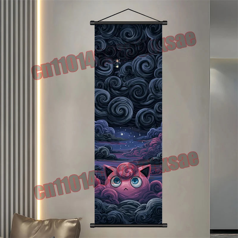 Pokémon Anime Wall Poster – Gengar Eevee Pikachu Scroll Painting Retro Canvas Artwork for Home Decor