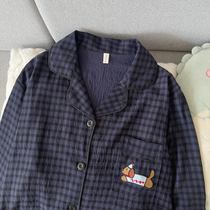 Pijama de 2 piezas a cuadros con bordado de perro para mujer - Estilo coreano, suave, de manga larga, ropa de dormir y de estar para otoño