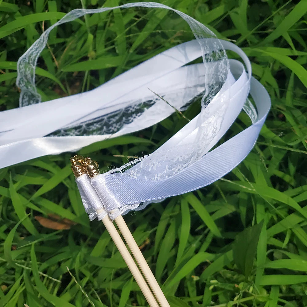 White Ribbon Wand with Bells – Fairy Streamer Stick for Weddings, Parties & Celebrations