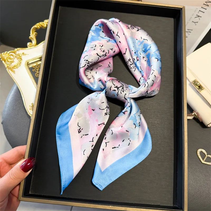 2024 Lujosa Bufanda Cuadrada de Seda de 70cm para Mujer con Estampado Floral, Pañuelo de Diseñador, Fular, Chal, Hiyab, Diadema, Lazos
