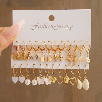 Boucles d'oreilles créoles dorées grand cercle pour femmes, ensemble bohème vintage, perle, cœur, zircon, clous, bijoux cadeau