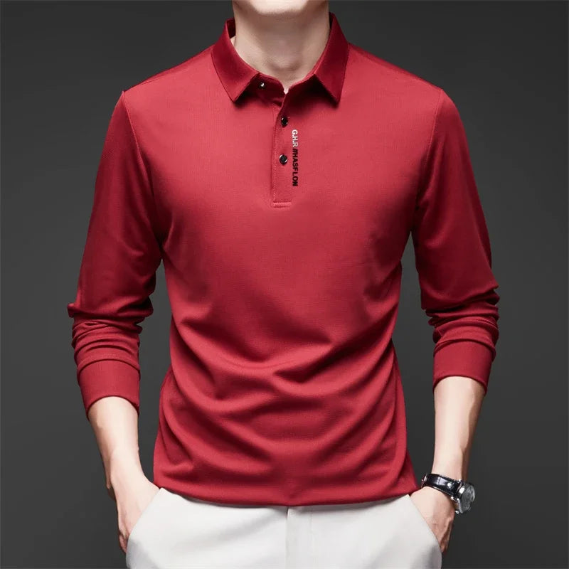 Polo à manches longues pour homme – Haut décontracté de couleur unie, respirant, confortable et tendance pour le quotidien