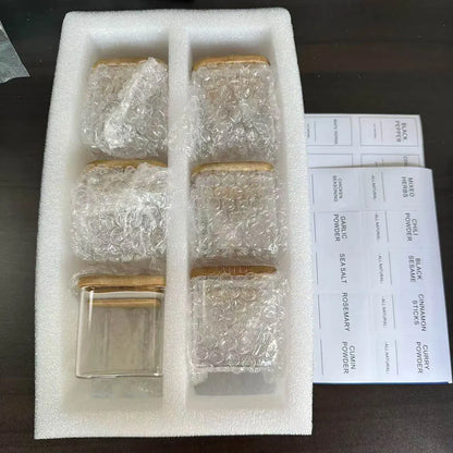 Lot de 14 bocaux à épices en verre de 150 ml avec étiquettes – Récipients de rangement carrés en verre avec couvercles en bambou, étiquettes autocollantes, bocaux de conservation pour épices, herbes, assaisonnements et organisation de la cuisine