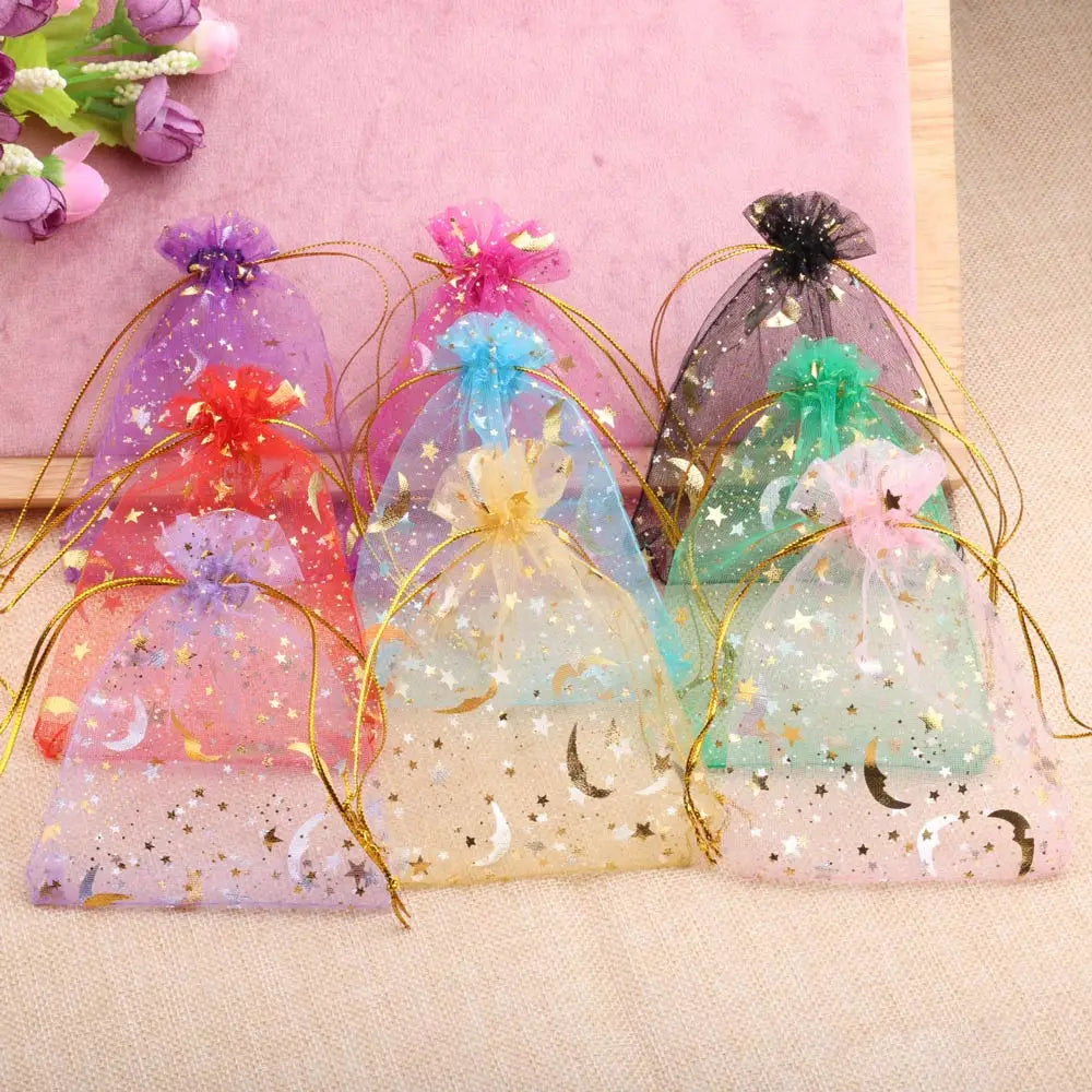 Bolsas de regalo de organza con estrellas y lunas de 25/50 piezas – Bolsitas de joyería con cordón dorado para recuerdos de boda, regalos de fiesta, empaques de dulces y almacenamiento de accesorios pequeños