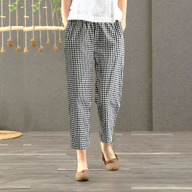 Pantalones Harlan de Verano para Mujer de Lino y Algodón, de Cintura Alta, Sueltos, Delgados, Estampados, Informales, tipo Farol, de Nueve Puntos con Bolsillos