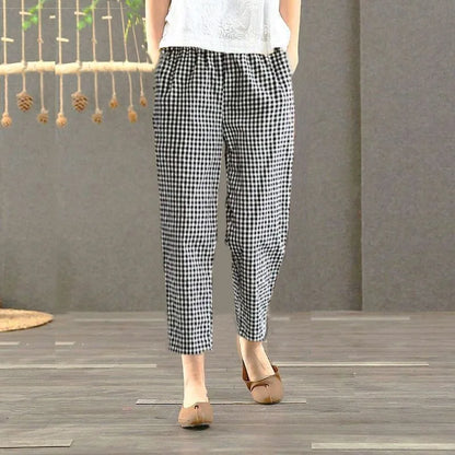 Pantalones Harlan de Verano para Mujer de Lino y Algodón, de Cintura Alta, Sueltos, Delgados, Estampados, Informales, tipo Farol, de Nueve Puntos con Bolsillos