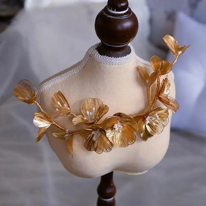 Vintage Gold Floral Bridal Headband with Pearls – Fairy Wedding Tiara for Brides, Prom & Special Occasions