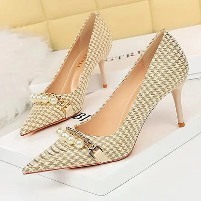 BIGTREE Escarpins à talons aiguilles et chaîne de perles de luxe pour femme – Idéal pour mariage, soirée et banquet