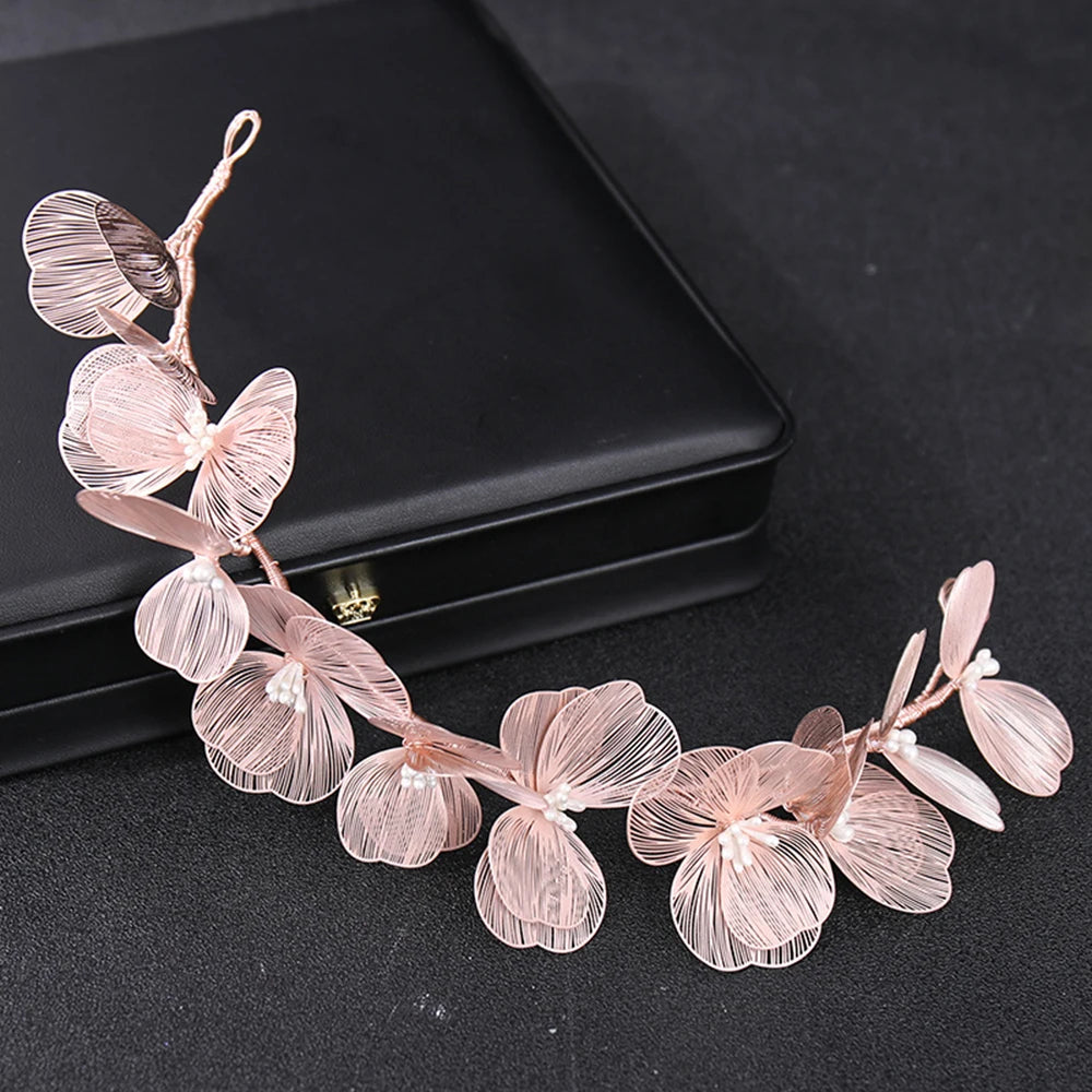 Vintage Gold Floral Bridal Headband with Pearls – Fairy Wedding Tiara for Brides, Prom & Special Occasions