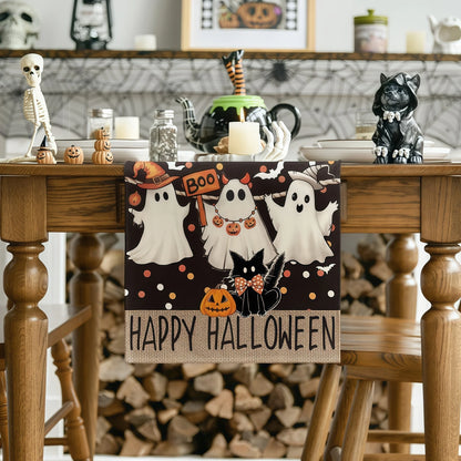 Halloween Table Runner with Ghost, Pumpkin and Black Cat Pattern, Spooky Dining Table Decor, Halloween Kitchen Tablecloth, Sideboard and Dresser Decoration, Festive Home Party Ornament