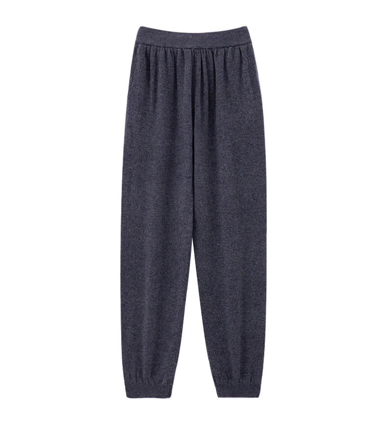Pantalones de cachemir 100 % pura lana para mujer, de punto, sueltos, de cintura alta, con puños, para otoño e invierno, de corte recto y ajustado
