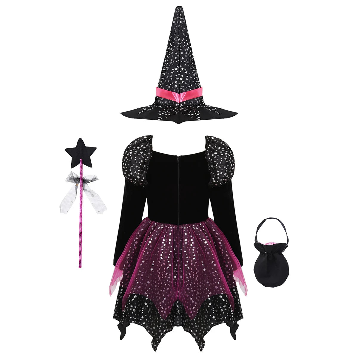4PCS Girls’ Witch Costume Set – Halloween Dress with Hat, Wand & Bag, Kids Wizard Cosplay Outfit for Parties & Dress-Up