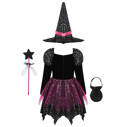 4PCS Girls’ Witch Costume Set – Halloween Dress with Hat, Wand & Bag, Kids Wizard Cosplay Outfit for Parties & Dress-Up