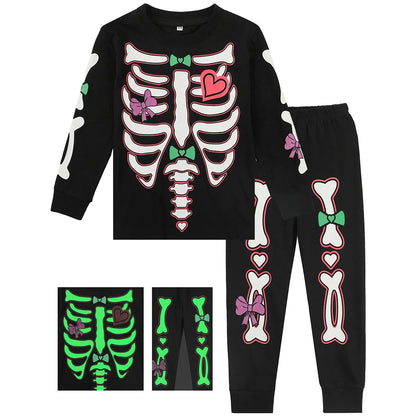 Kids Halloween Skeleton Pajamas Set, Glow-in-the-Dark Toddler Boys and Girls Sleepwear, Unicorn Print Infant Nightwear, 2-Piece Costume Outfit for Halloween and Carnival