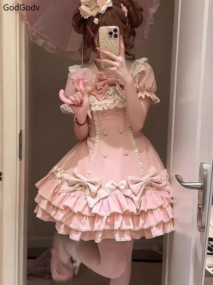 Vestido japonés Sweet Lolita Kawaii para mujer 2025, estampado de primavera, lazo, vestido falso de dos piezas, estilo coreano, ropa de fiesta