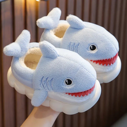 Pantuflas de peluche de tiburón de dibujos animados para niños, cálidas, antideslizantes, zapatos de casa de invierno para niños y niñas