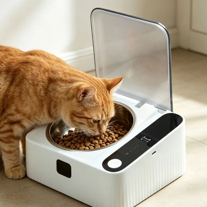 Space-Saving Automatic Pet Feeding Bowl – Motion-Activated Covered Food Bowl with Removable Stainless Steel Dish for Indoor Use