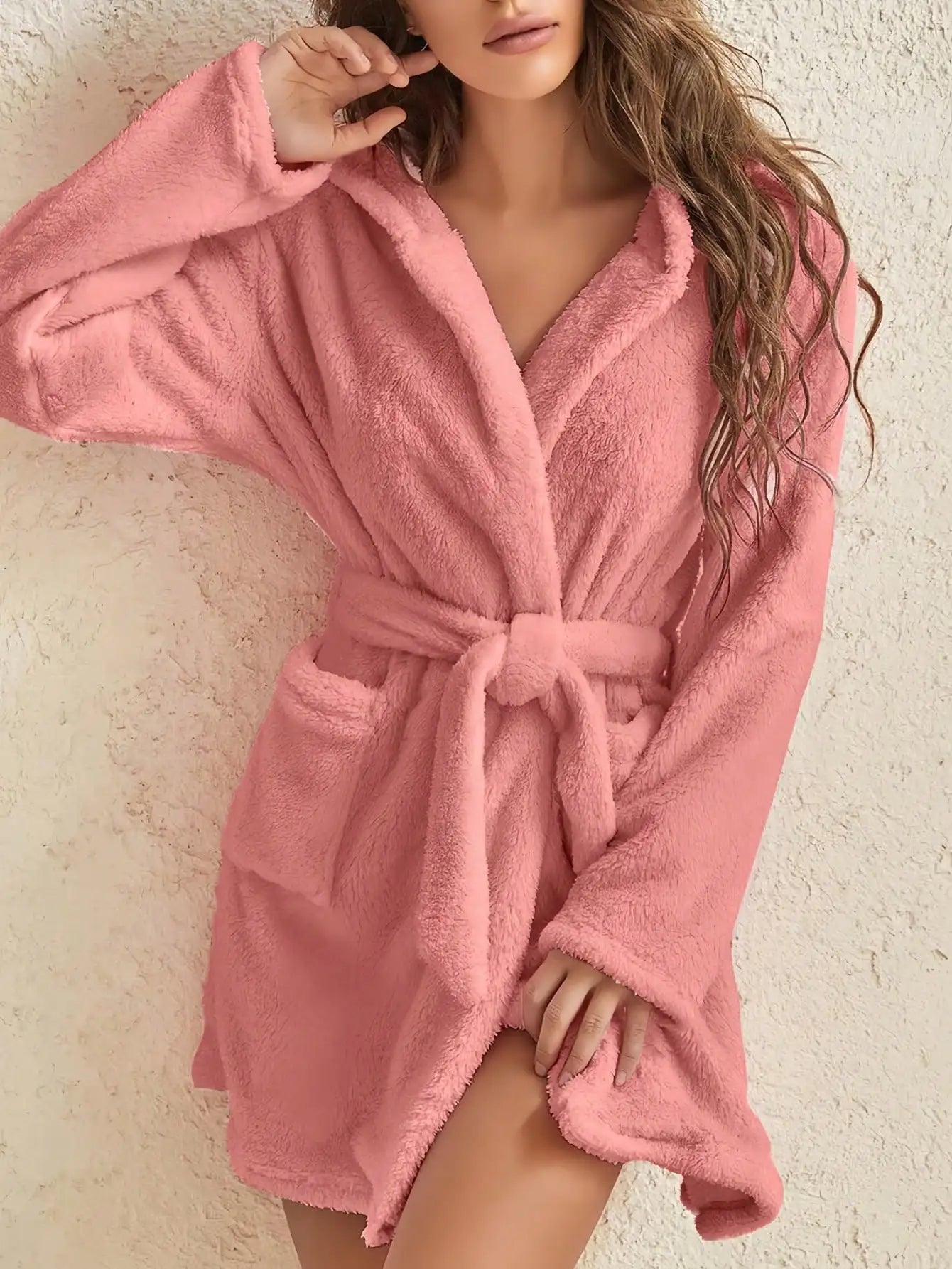 Women’s Hooded Fleece Robe – Solid Color Cozy Warm Bathrobe with Belt for Autumn & Winter Home Wear