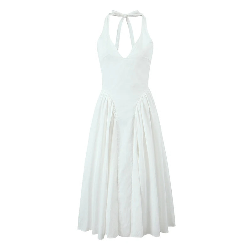 YENKYE Women’s Sexy Backless Green Halter Midi Dress Elegant Low Waist A-Line Cotton Summer Evening Party Robe