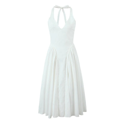 YENKYE Women’s Sexy Backless Green Halter Midi Dress Elegant Low Waist A-Line Cotton Summer Evening Party Robe