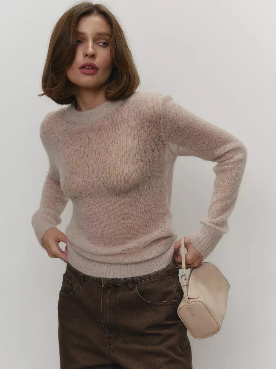 Women’s Classic Mohair Knitted Sweater Top Spring Summer Loose O-Neck Micro Sheer Cool Knit Shirt