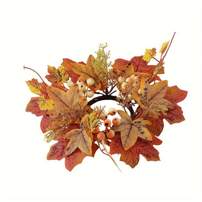 1PC Autumn Harvest Christmas Candle Holder – Faux Maple Leaf Wreath Centerpiece for Holiday Tables, Festive Parties & Home Decor