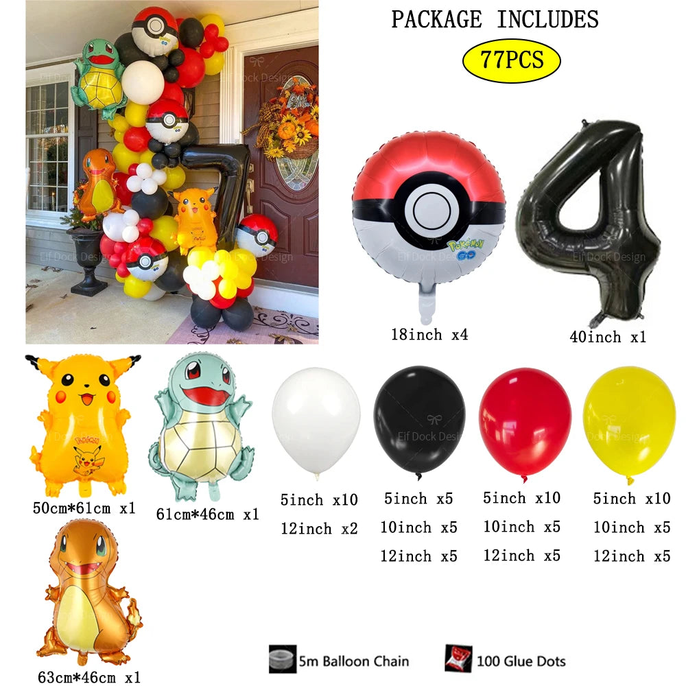 77pcs Pokémon Pikachu & Squirtle Balloon Garland Set – Red, Black & Yellow Latex Balloons for Kids Birthday Party & Baby Shower Decorations