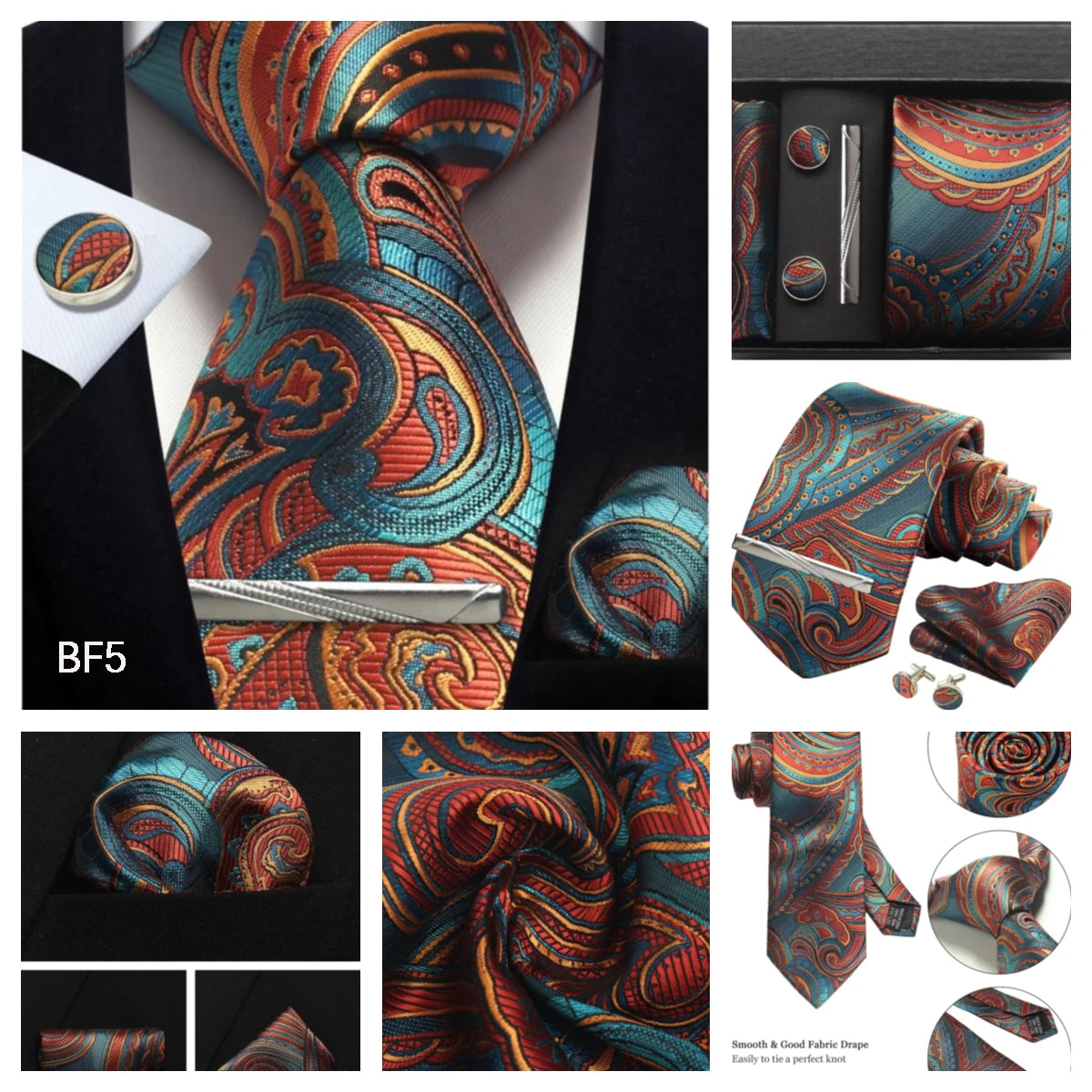 Corbata de seda 100% con diseño floral de Paisley para hombre con pañuelo de bolsillo, pasador de corbata y gemelos en caja de regalo