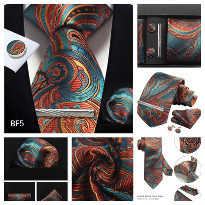 Corbata de seda 100% con diseño floral de Paisley para hombre con pañuelo de bolsillo, pasador de corbata y gemelos en caja de regalo