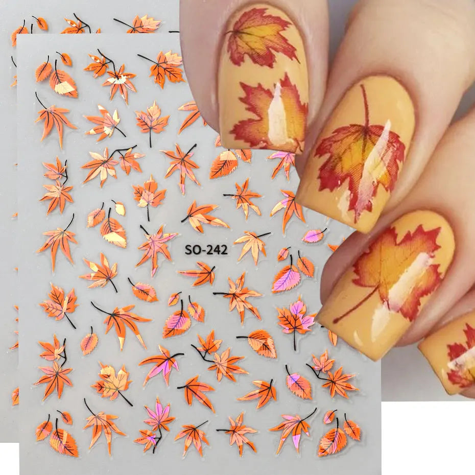 2pcs 3D Autumn Nail Stickers – Laser Maple Leaf Nail Art Decals for Fall Manicure Decoration
