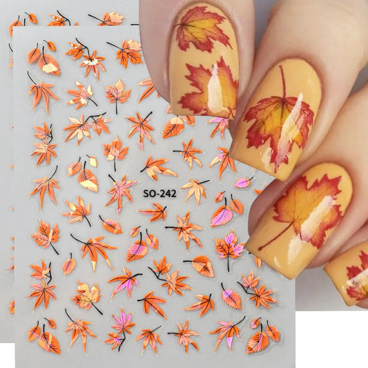2 pegatinas 3D para uñas de otoño – Calcomanías láser de hoja de arce para decoración de manicura de otoño